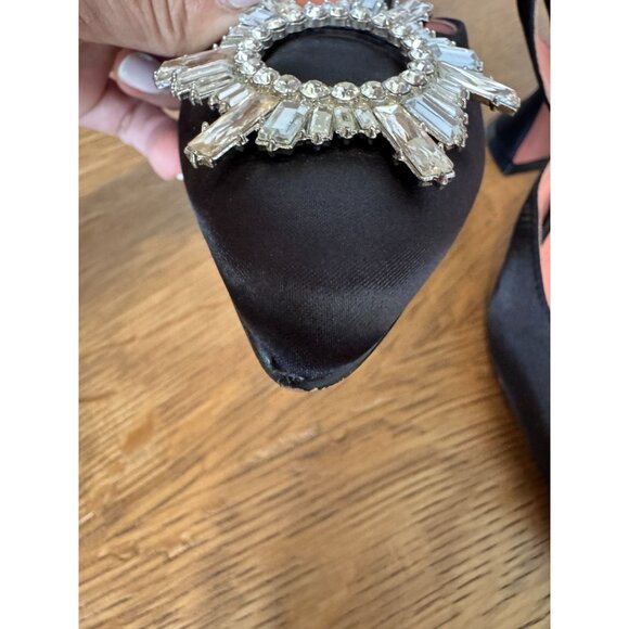 Black Satin Slingback Heels With Rhinestone Embellishment & Flared Heels Size 8. - Picture 12 of 13